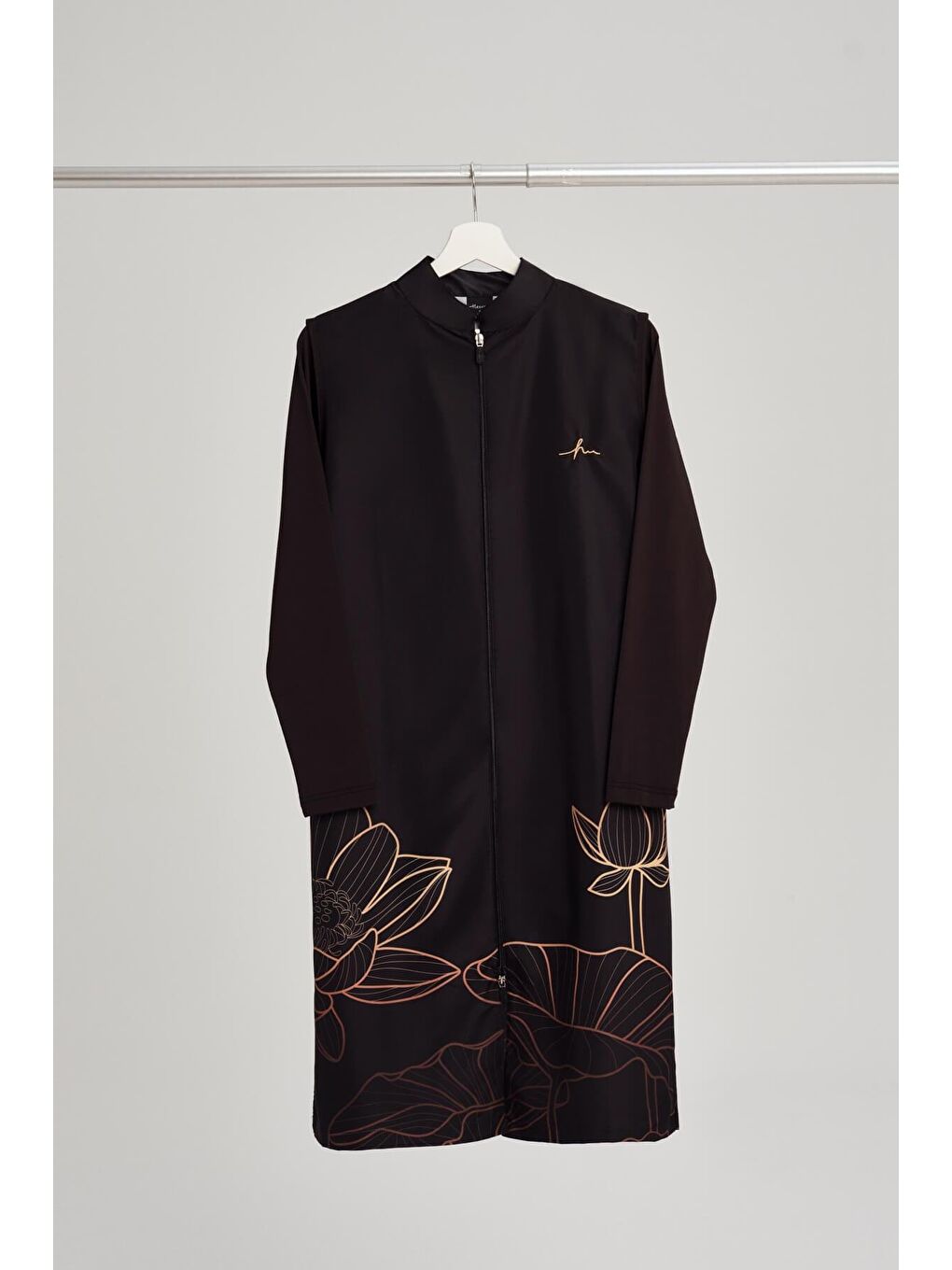 Bakır Yaprak Desen Siyah Tam Tesettür Mayo Üstü 3048-6