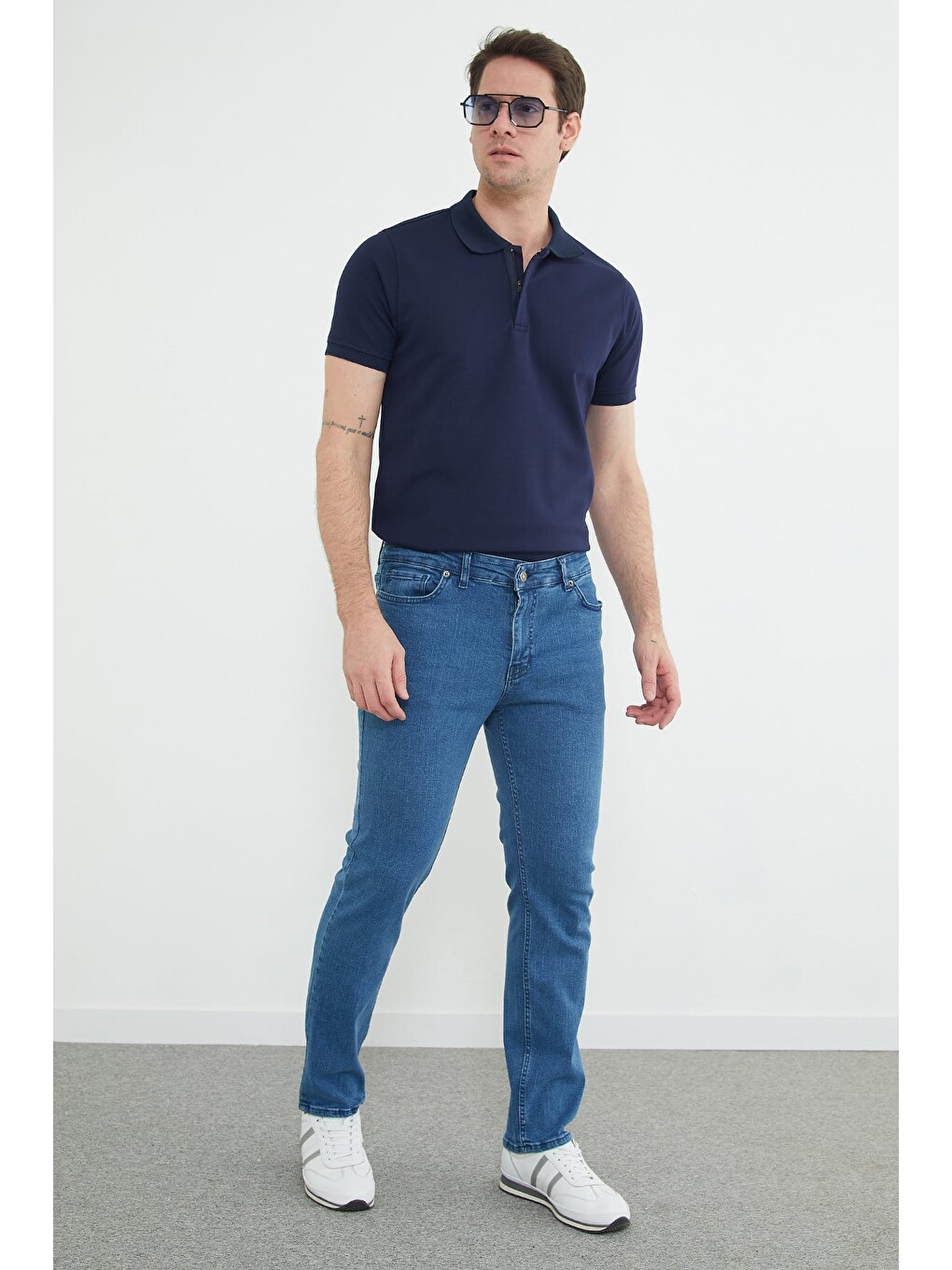 Mavi Fermuarlı Straight Jean Pantolon-3