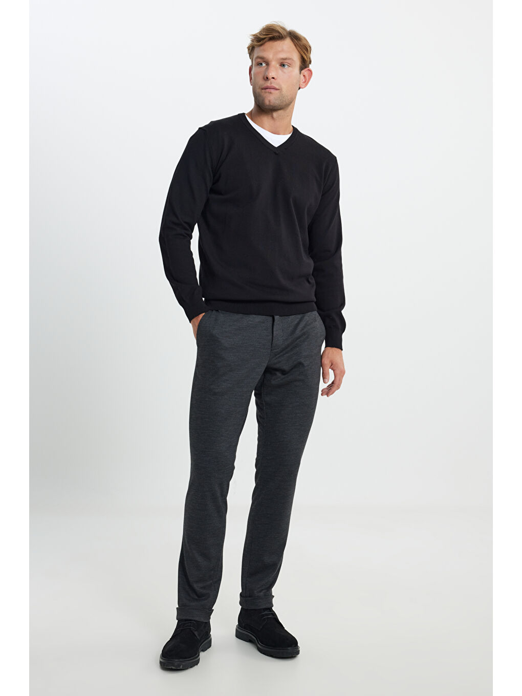 Erkek Siyah Yünlü Slim Fit Dar Kesim Desenli Yan Cep Pantolon-2