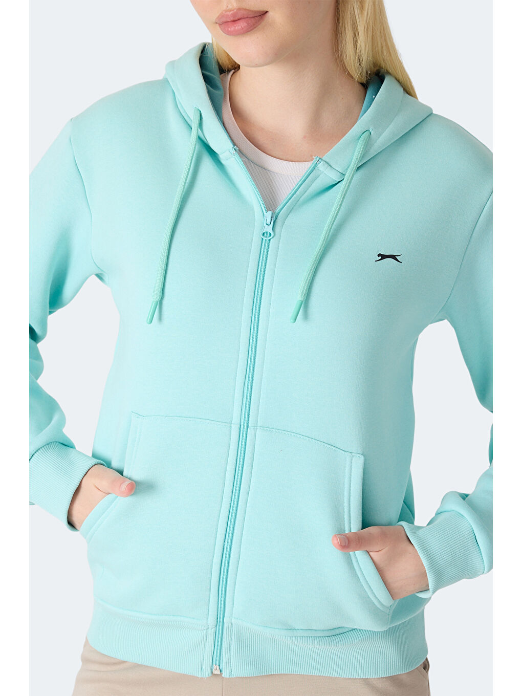 MILIO I Kadın Fermuarlı Kapüşonlu Cepli Turkuaz Sweatshırt-1