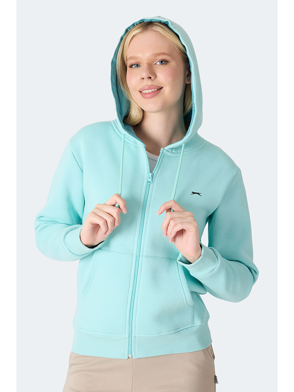 MILIO I Kadın Fermuarlı Kapüşonlu Cepli Turkuaz Sweatshırt-2