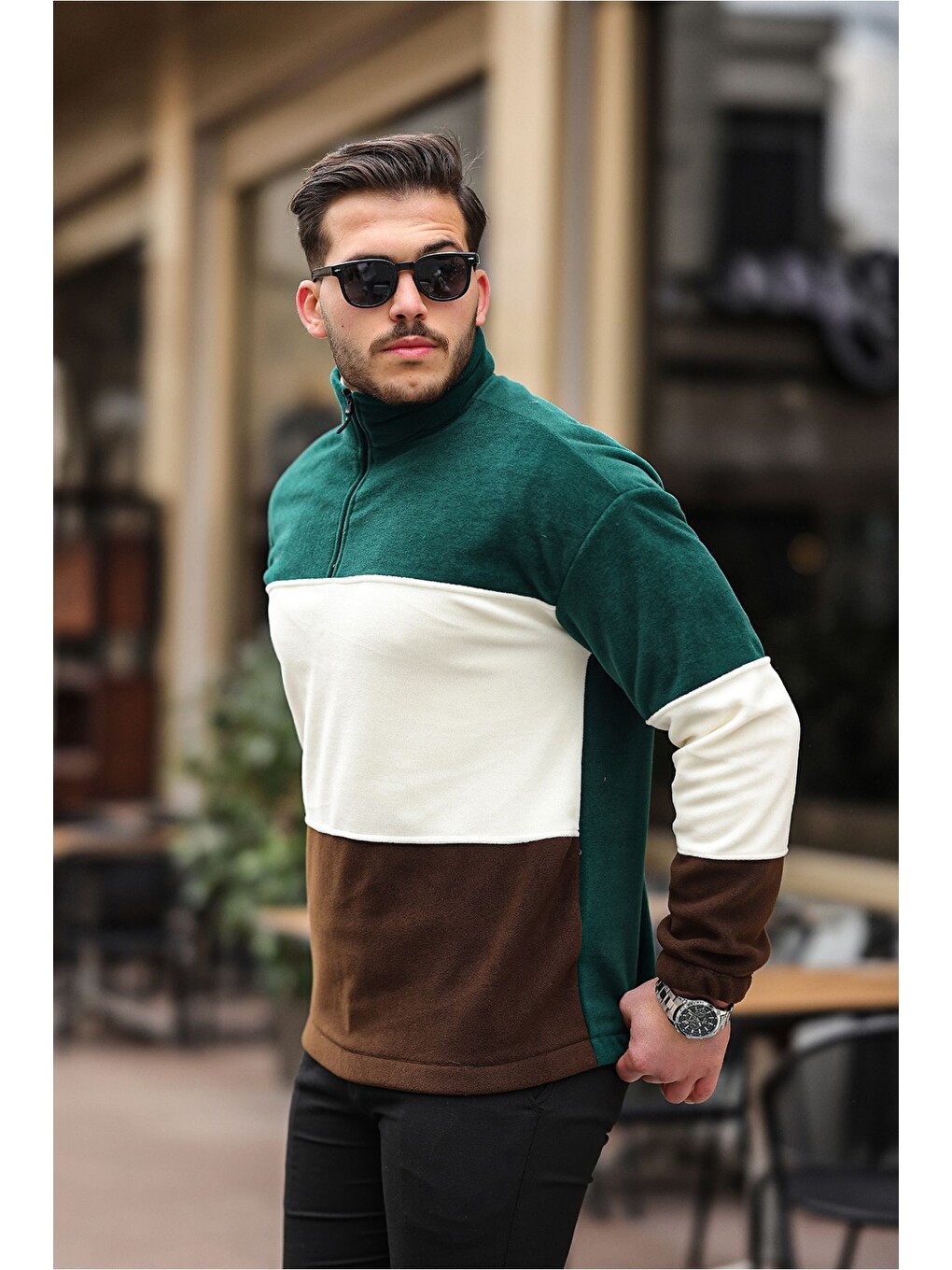 Karışık Yarım Fermuarlı Üç Renk Polar Sweatshirt-2