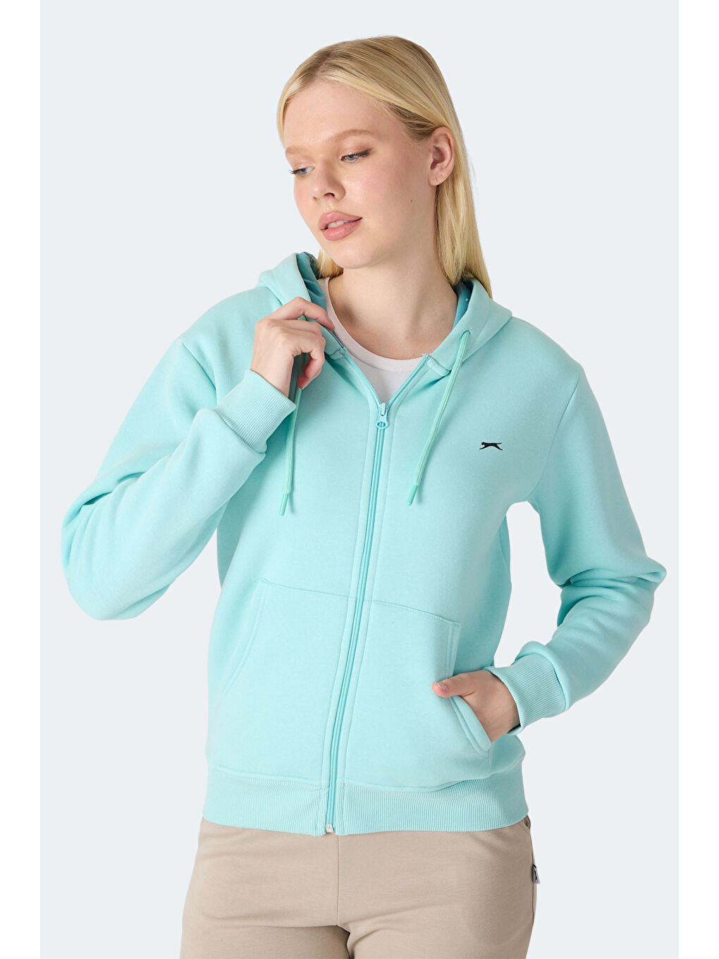 MILIO I Kadın Fermuarlı Kapüşonlu Cepli Turkuaz Sweatshırt-4