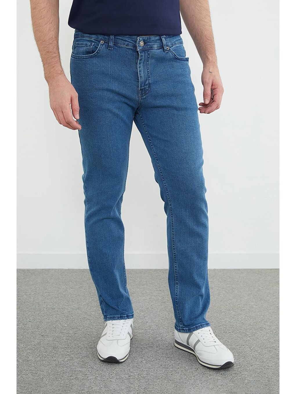 Mavi Fermuarlı Straight Jean Pantolon-4