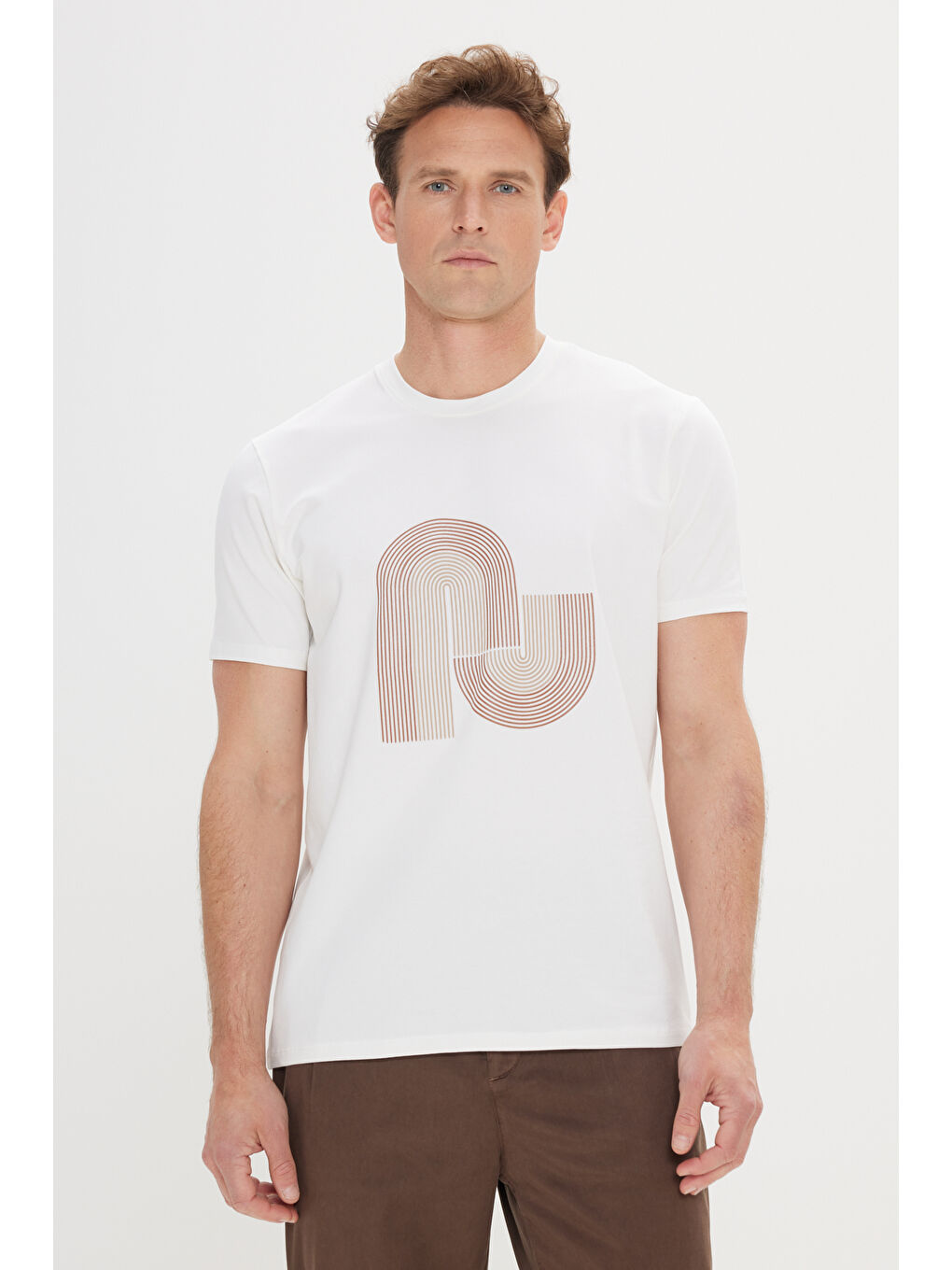 Erkek Beyaz Slim Fit Dar Kesim Pamuklu Esnek Baskılı Bisiklet Yaka Tişört-2