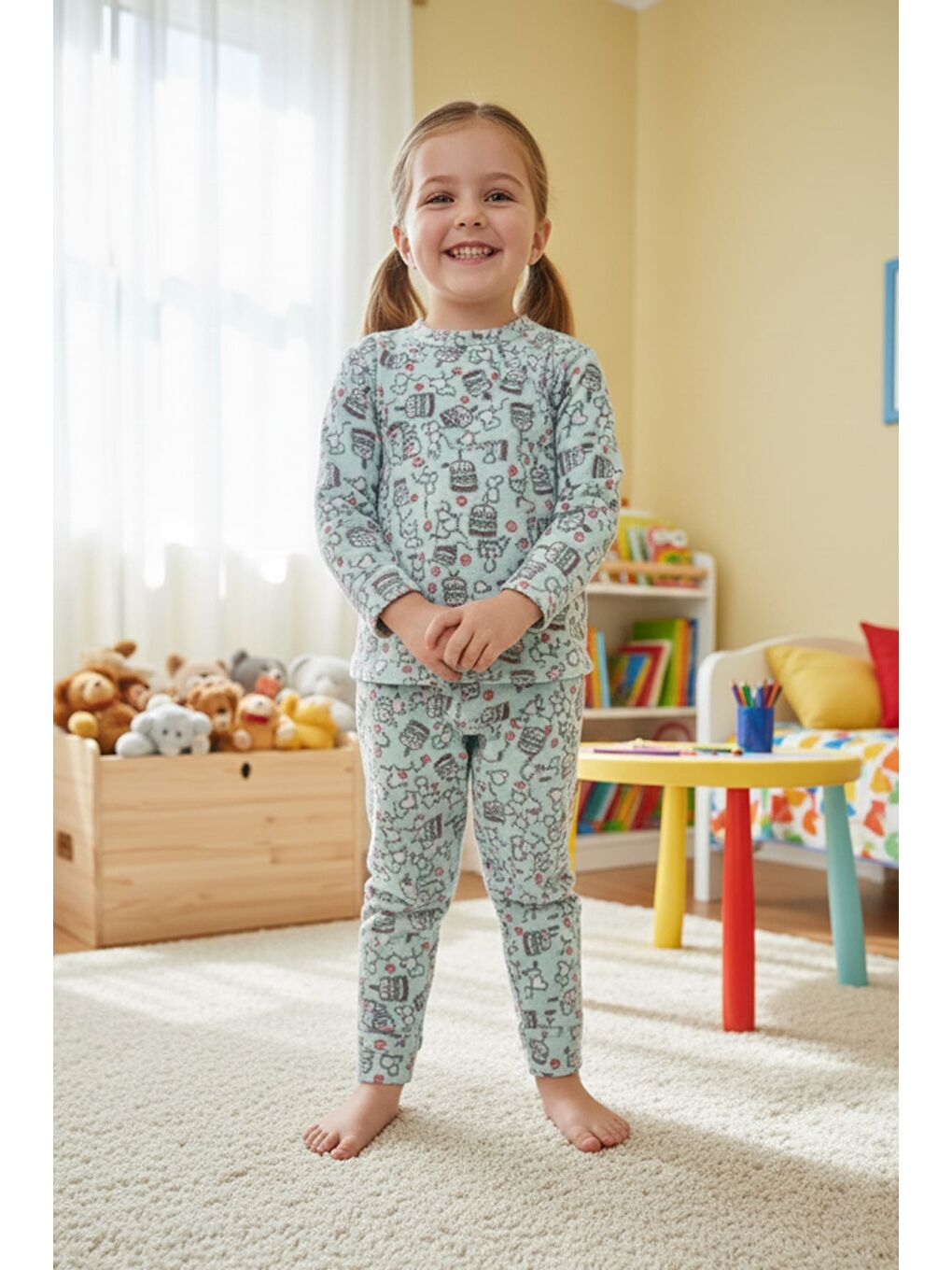 Turkuaz Pasta Desenli Polar Kız Çocuk Pijama Takımı