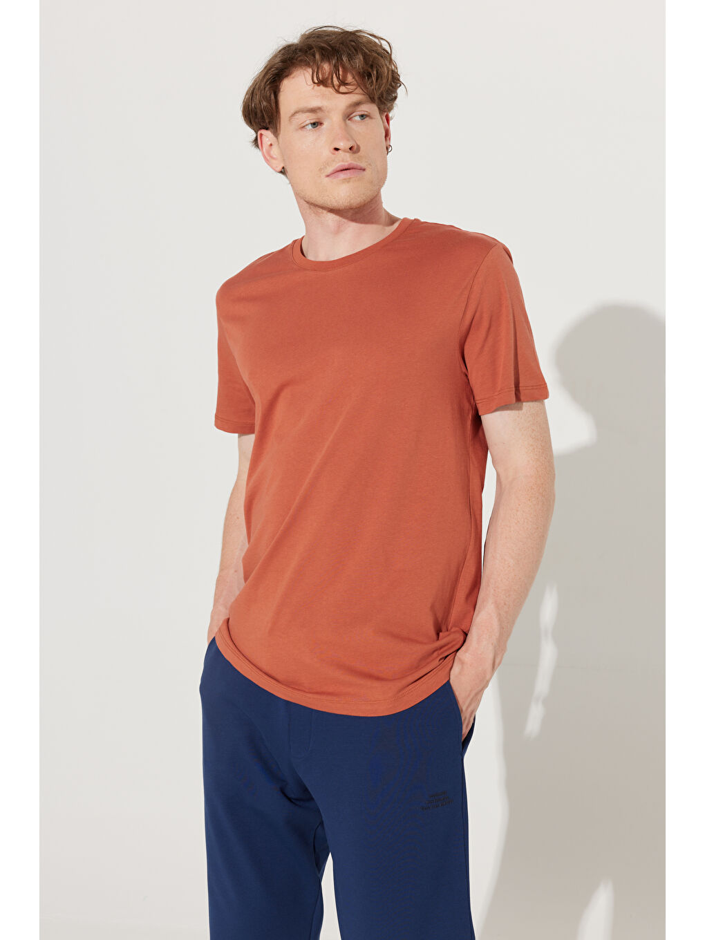 Kahverengi Erkek Açık Kahve Slim Fit Dar Kesim %100 Pamuk Bisiklet Yaka Kısa Kollu Tişört-7