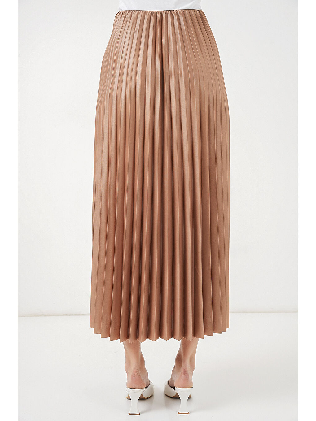 Sarı 8009 Deri Görünümlü Piliseli Etek - Camel-6