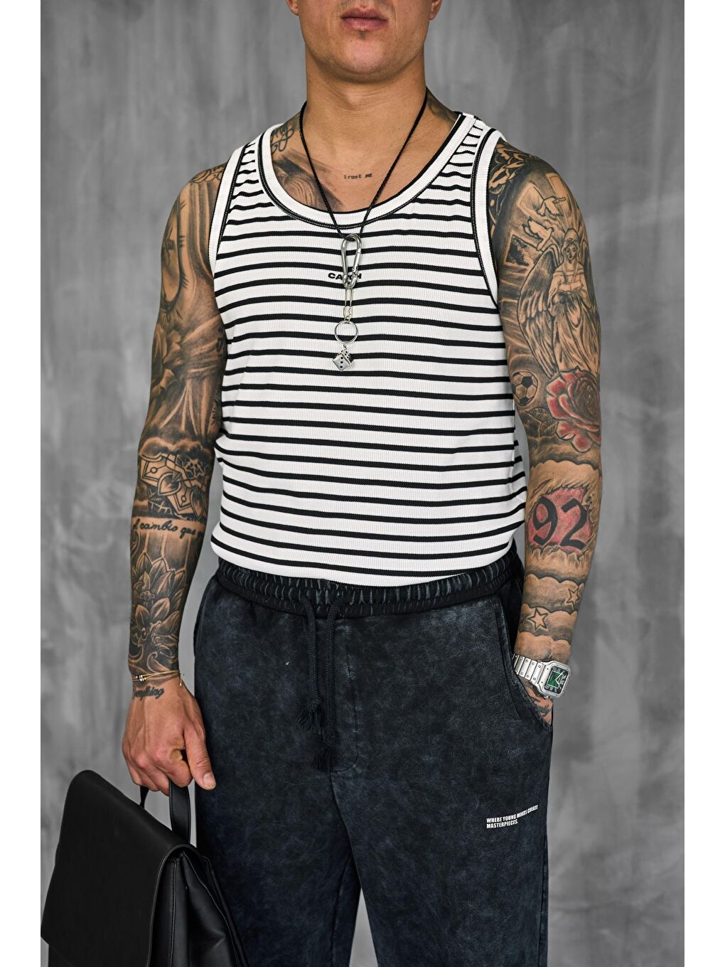 Erkek Ribana Kumaş Çizgili Atlet Beyaz-2