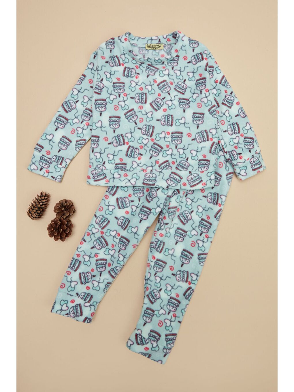 Turkuaz Pasta Desenli Polar Kız Çocuk Pijama Takımı-2