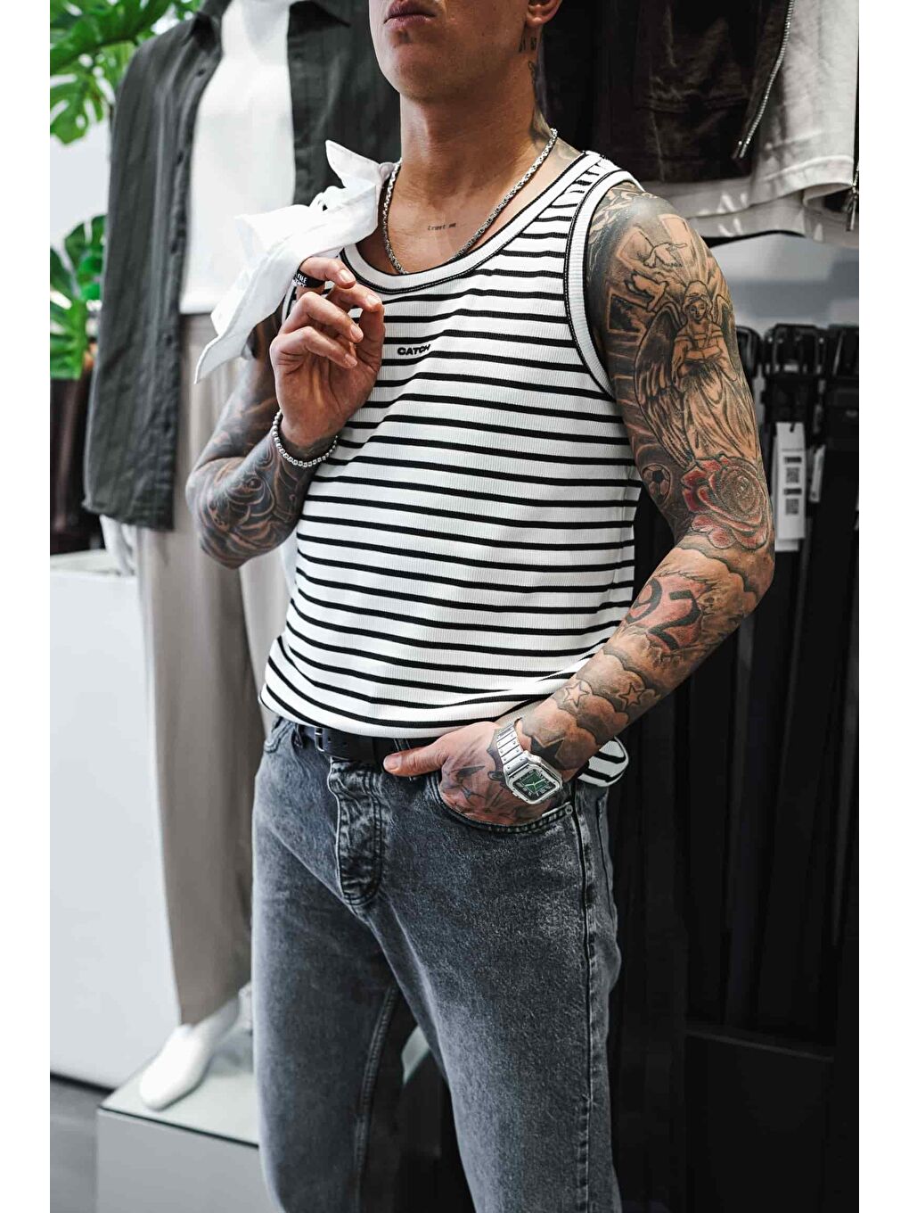 Erkek Ribana Kumaş Çizgili Atlet Beyaz-3