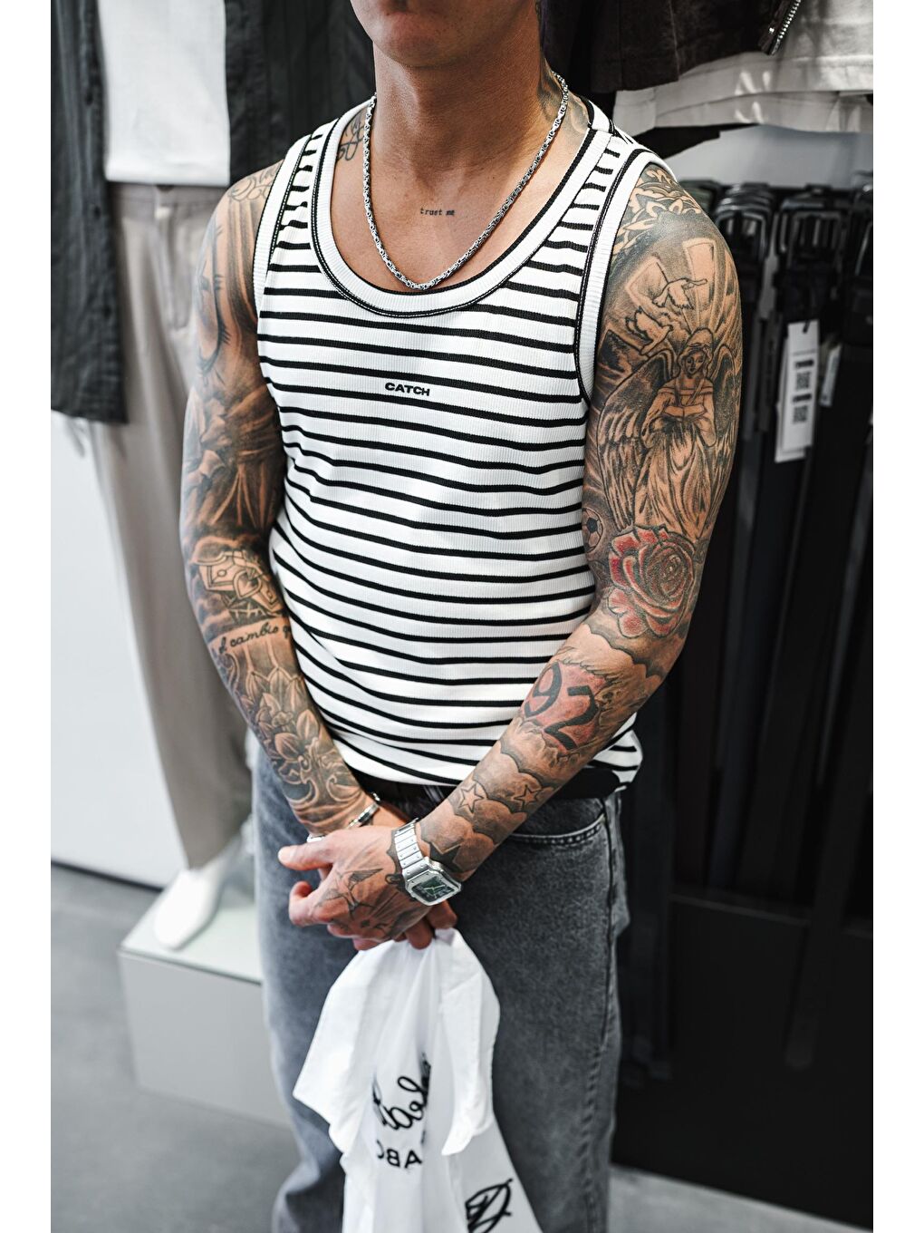 Erkek Ribana Kumaş Çizgili Atlet Beyaz-4