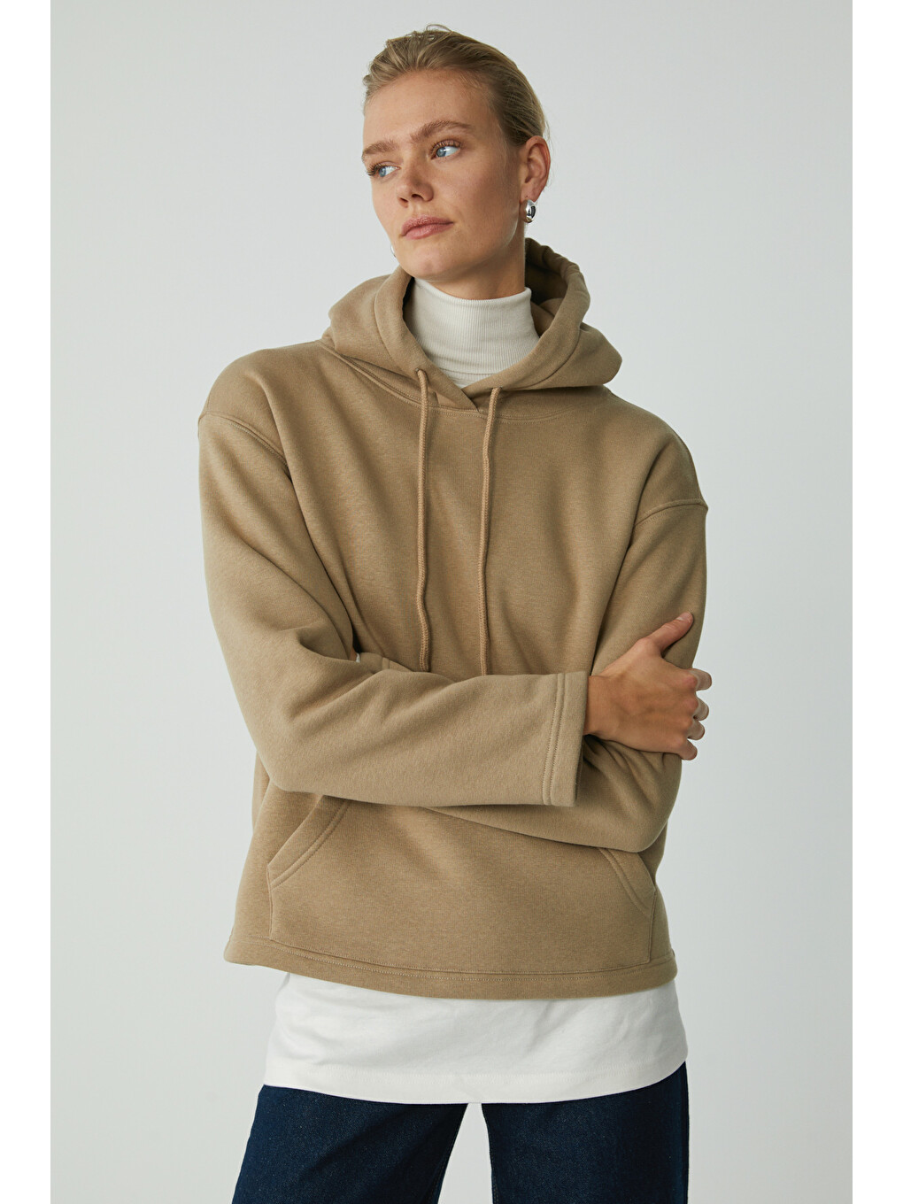Pıper Kadın Içi Polarlı Yumuşacık Comfort Fit Kapüşonlu Kanguru Cepli Bej Sweatshirt-2