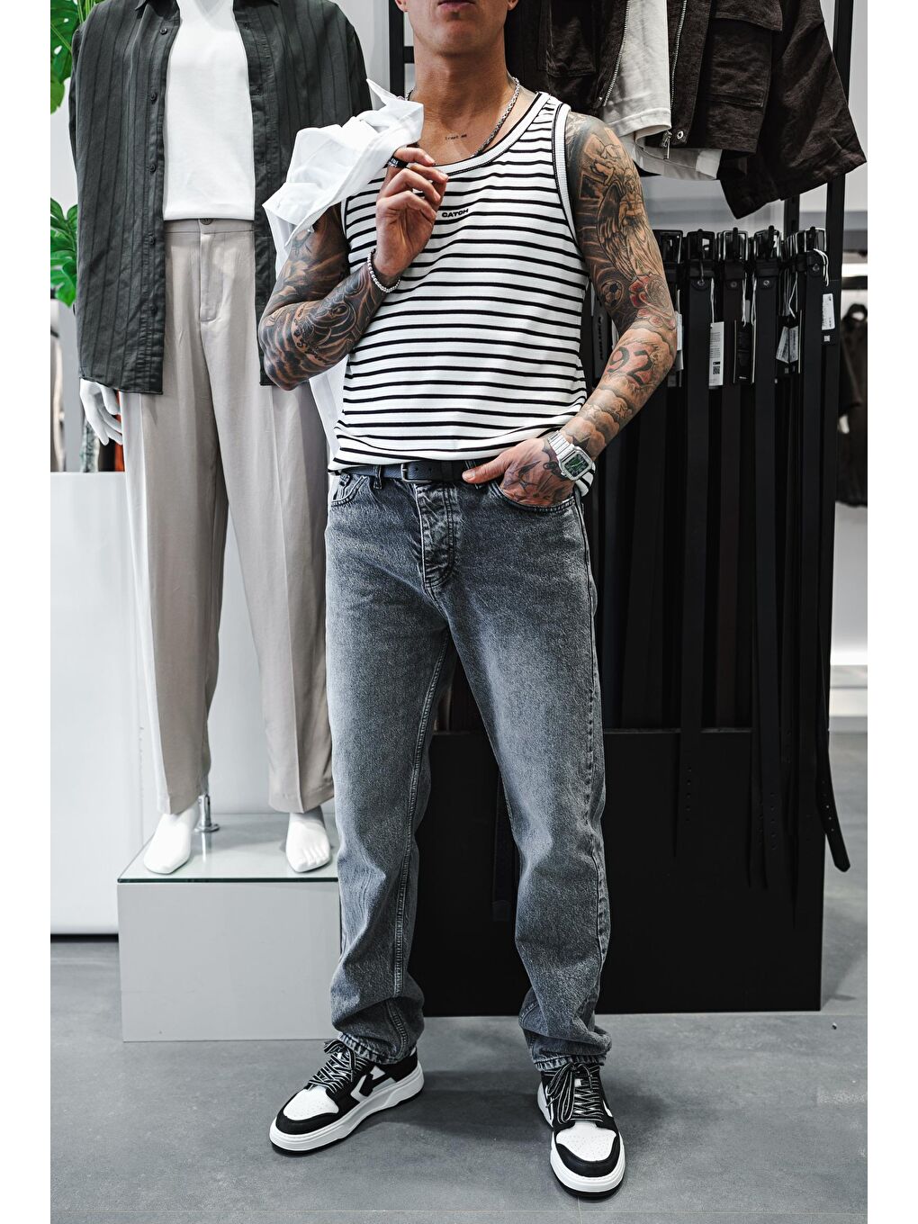 Erkek Ribana Kumaş Çizgili Atlet Beyaz-5