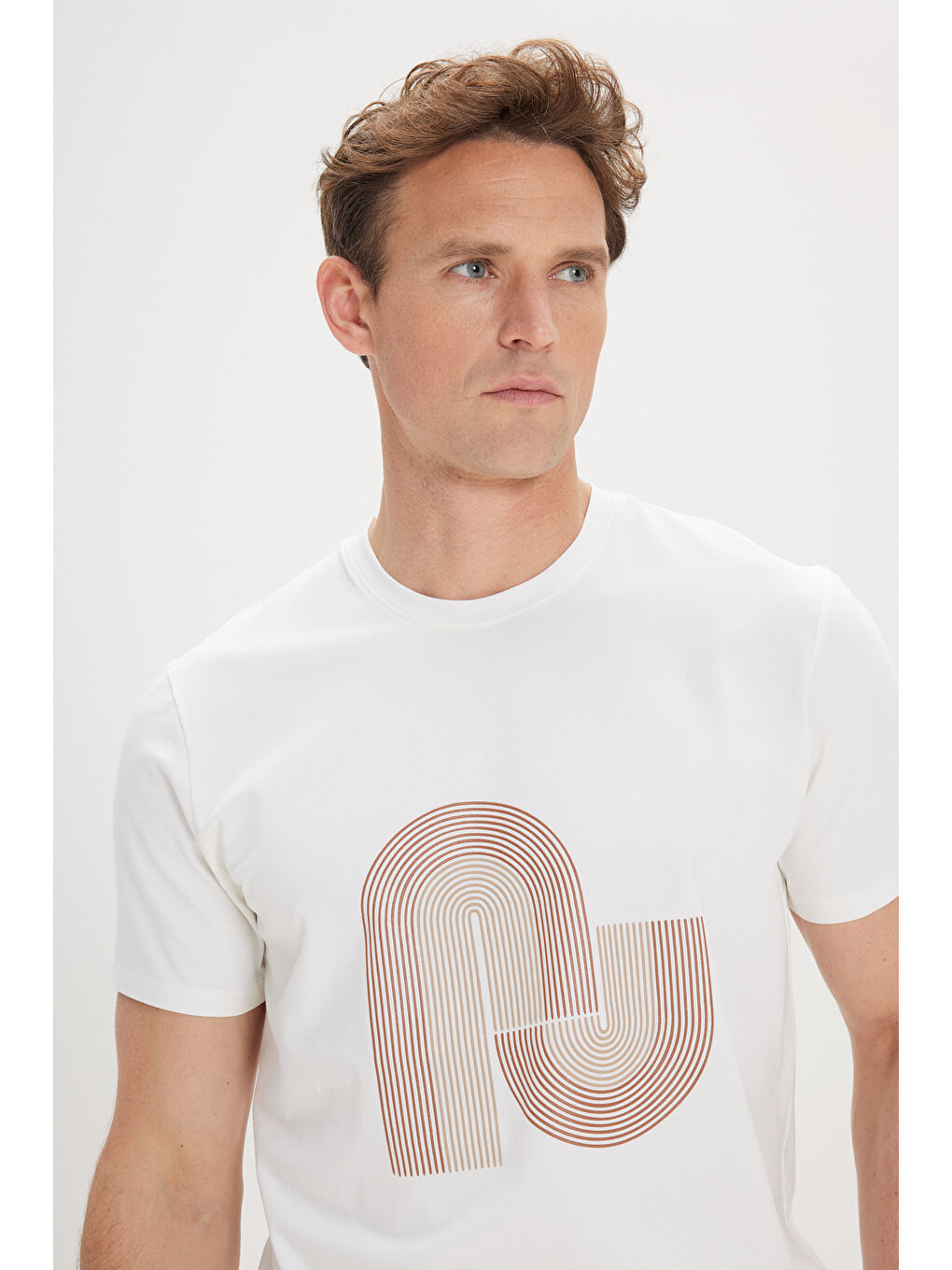 Erkek Beyaz Slim Fit Dar Kesim Pamuklu Esnek Baskılı Bisiklet Yaka Tişört-3