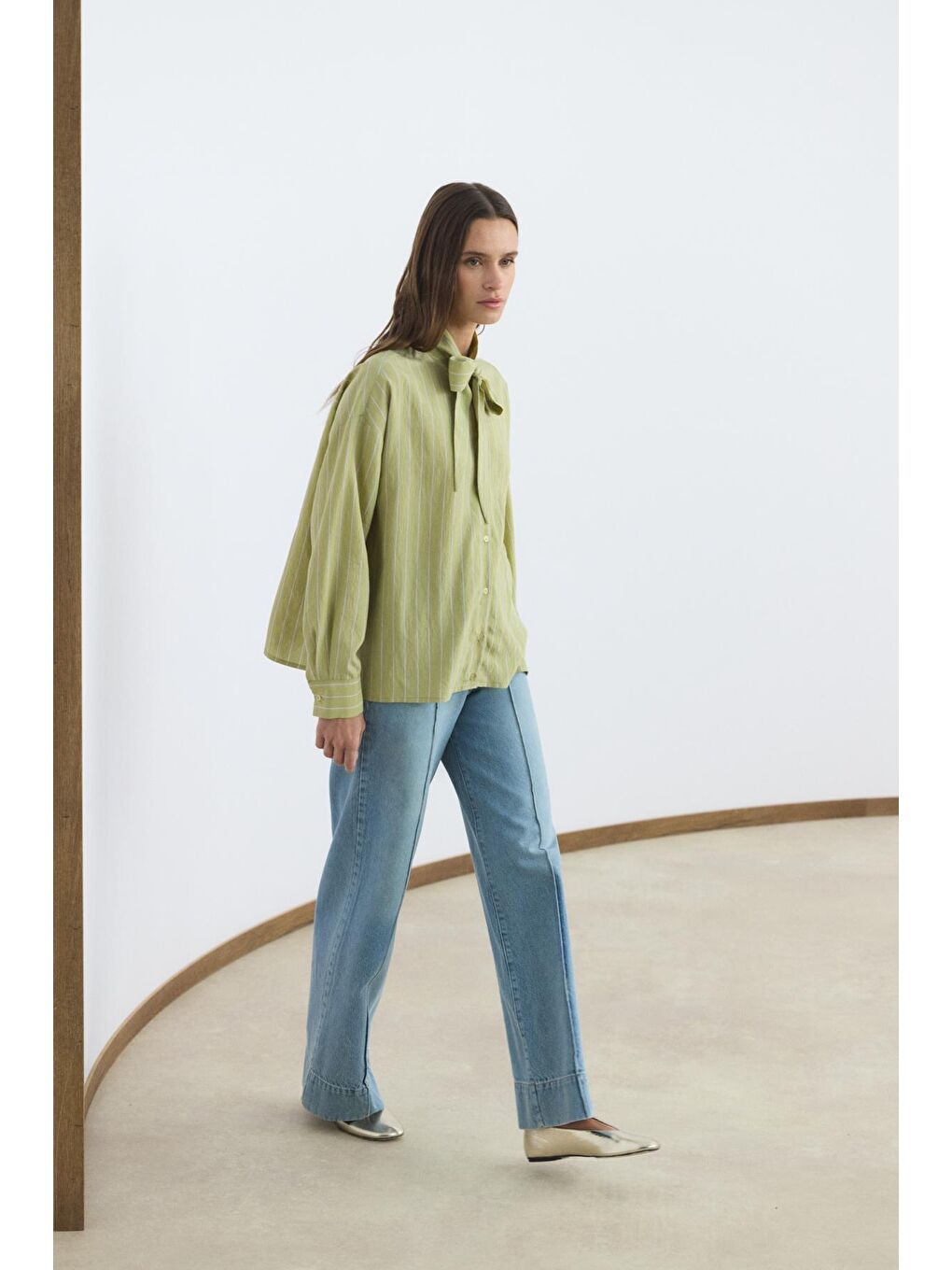 Yeşil Fularlı Çizgili Gömlek Olive-3