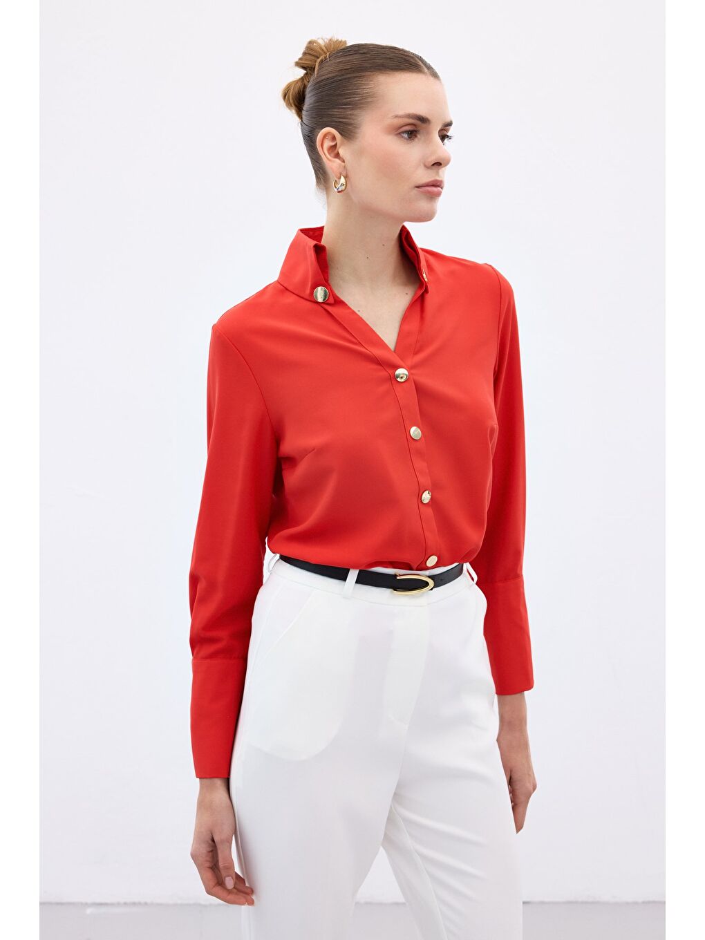 Çıt Çıt Detaylı Gömlek - Kırmızı-4