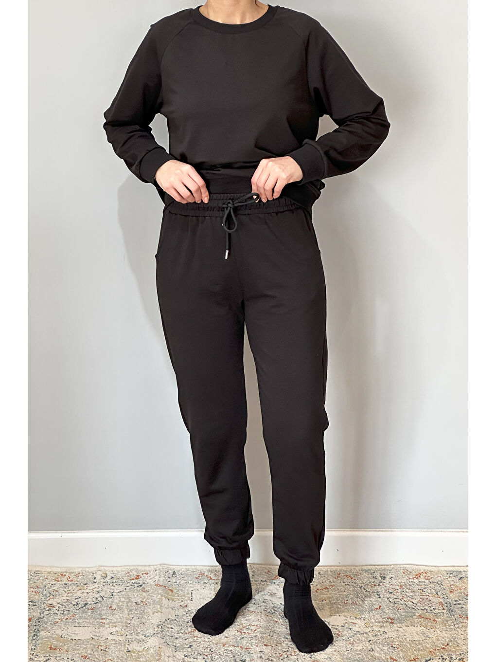 Kadın Sweatshirt Paçası Lastikli Eşofman Takımı 8006 Siyah-2