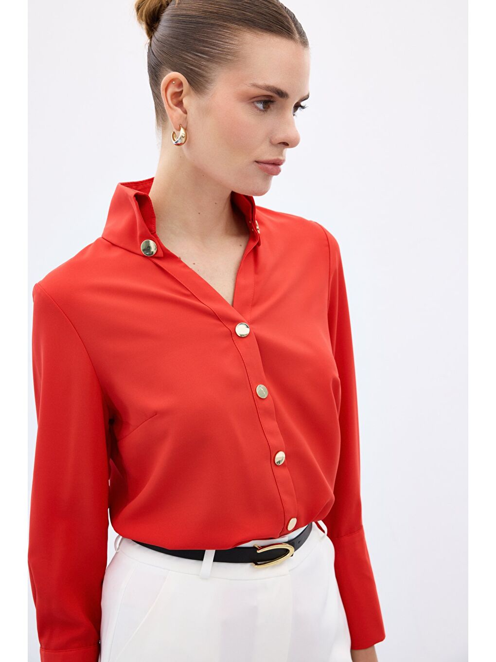 Çıt Çıt Detaylı Gömlek - Kırmızı-5