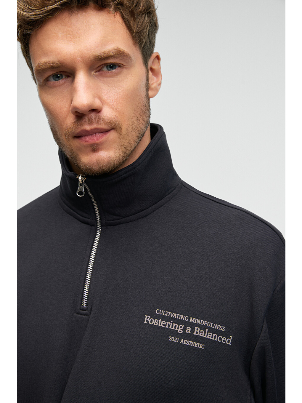 Bram Erkek %100 Pamuk Dik Yakalı Yarım Fermuarlı Baskılı Antrasit Sweatshirt-5