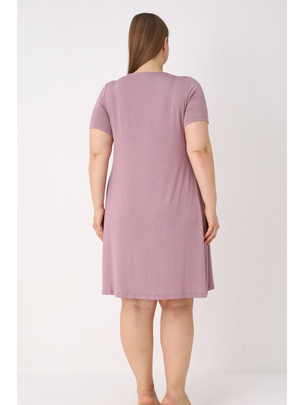 Pembe Puantiyeli Kısa Kollu Elastanlı Dantel Ve Fiyonk Detaylı Kısa Kollu Büyük Beden Gecelik-4