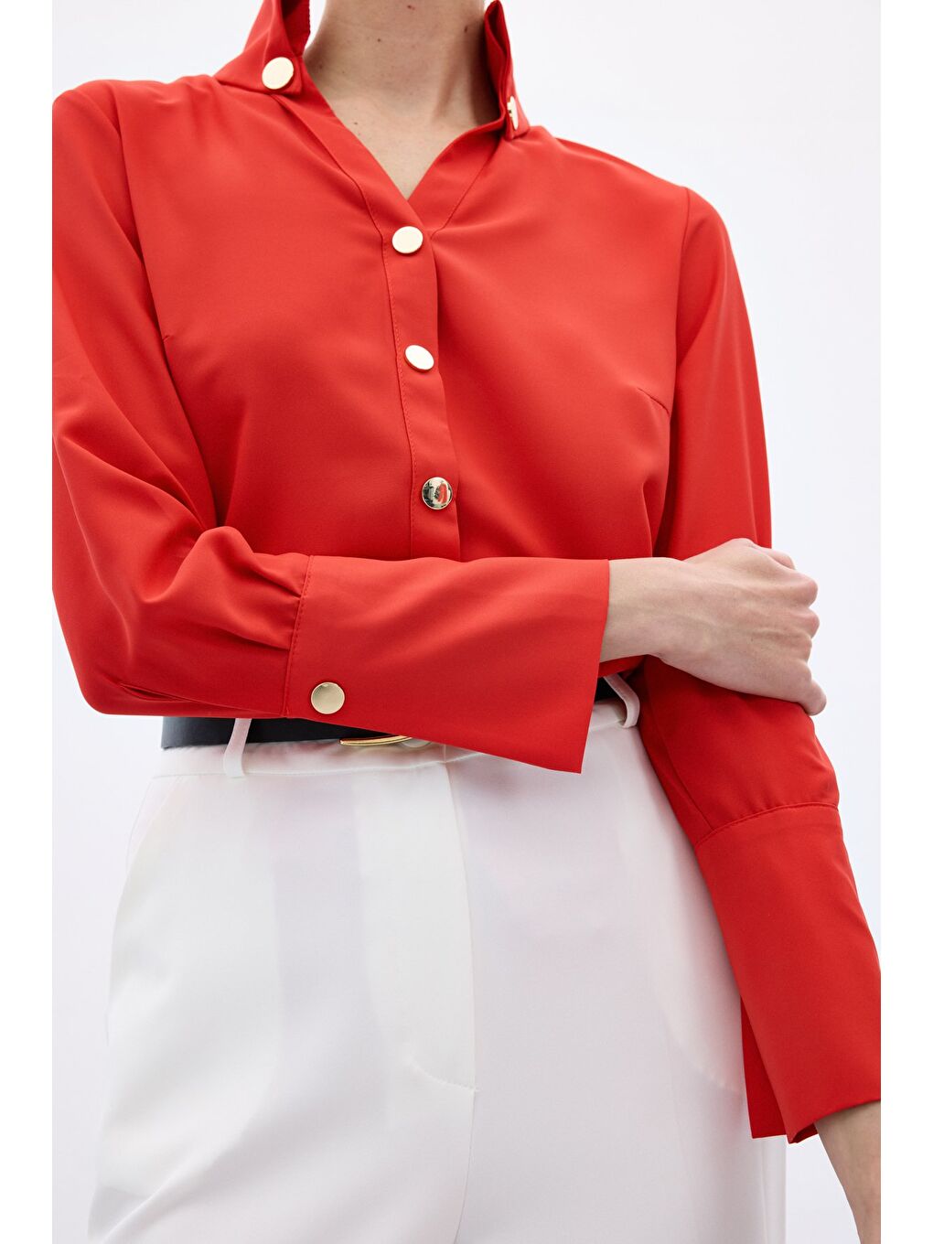 Çıt Çıt Detaylı Gömlek - Kırmızı-6