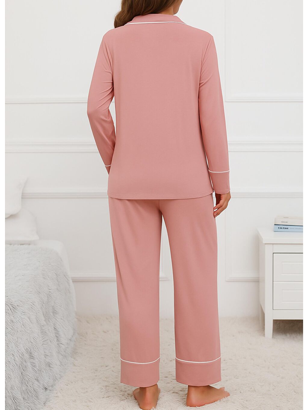 Pembe Pudra Gömlek Yaka Önden Düğmeli Uzun Kol Rahat Form Hamile ve Lohusa Pijama Takımı-1