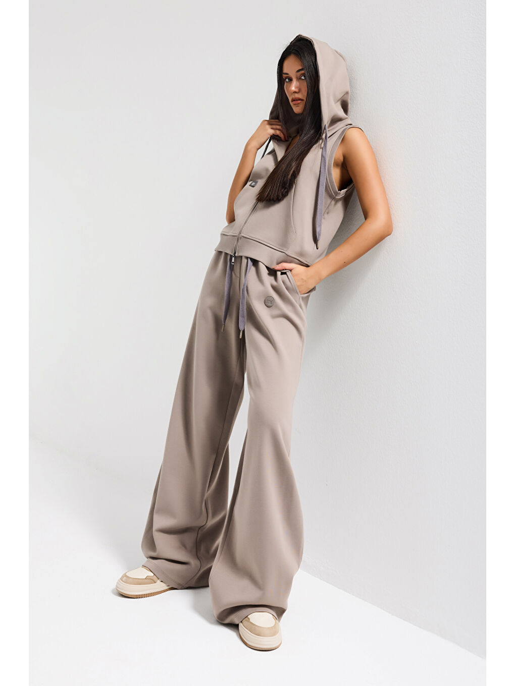 Kadın Antrasit s6-45 Alt Üst Kapüşonlu Yelek Yürüyüş Pantolonu 2'li Tasarım Takım-2