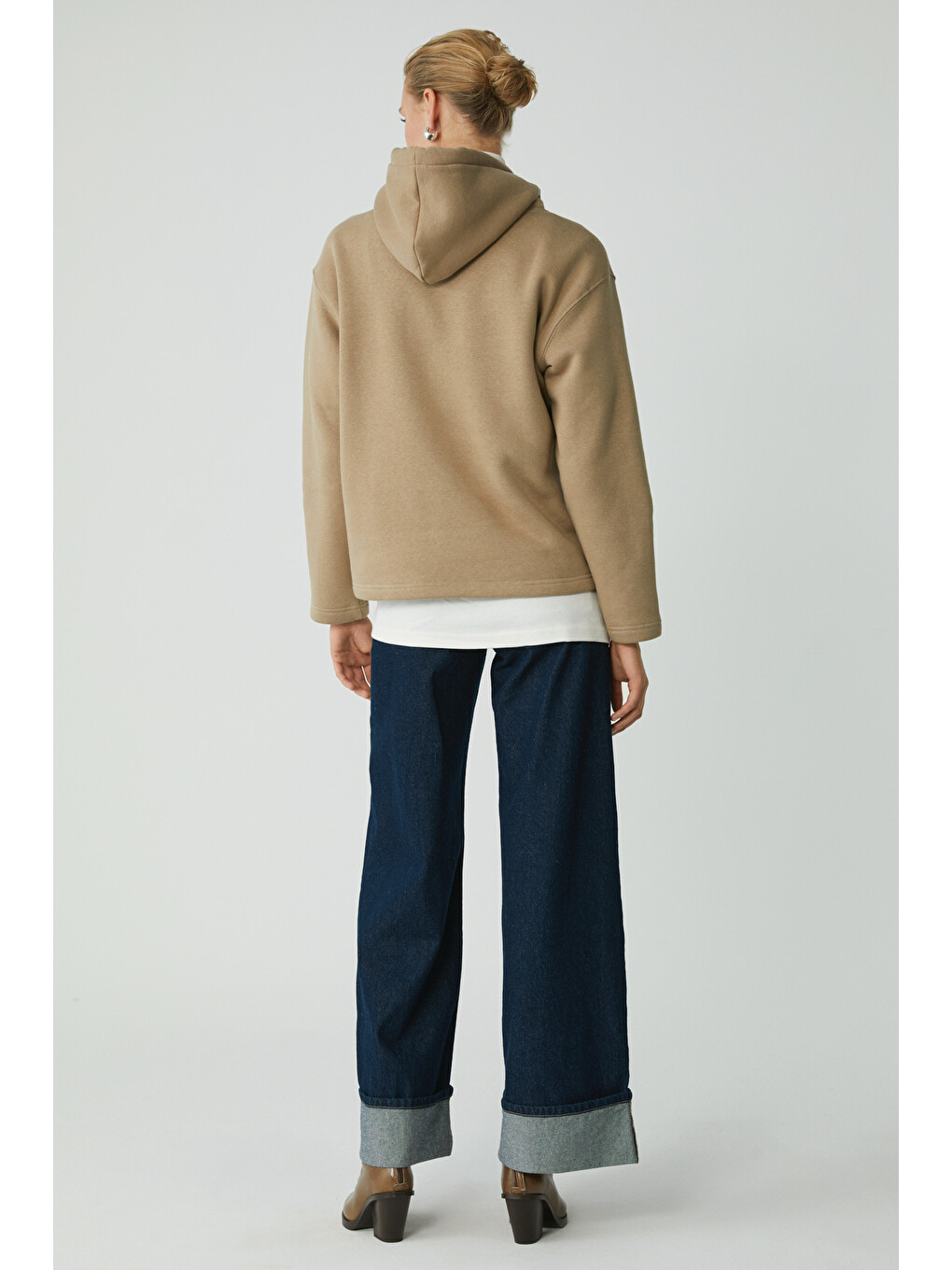 Pıper Kadın Içi Polarlı Yumuşacık Comfort Fit Kapüşonlu Kanguru Cepli Bej Sweatshirt-5