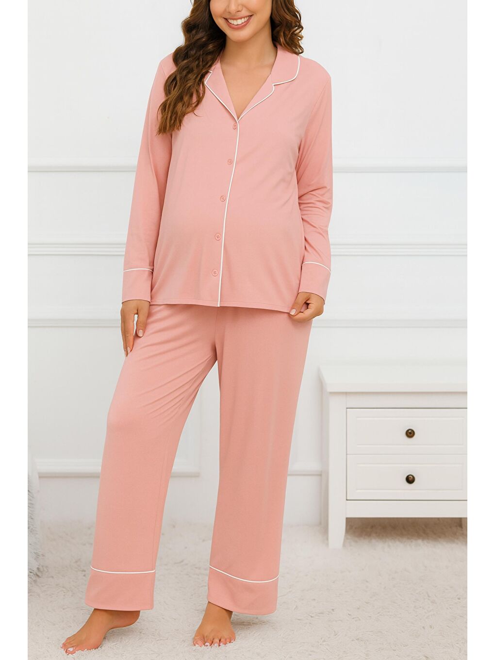 Pembe Pudra Gömlek Yaka Önden Düğmeli Uzun Kol Rahat Form Hamile ve Lohusa Pijama Takımı-2