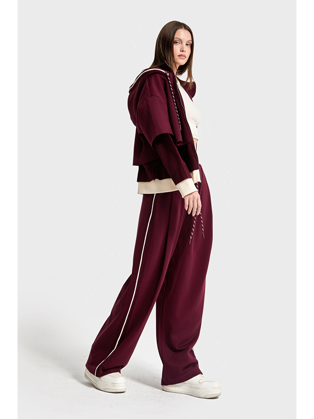 Kadın Bordo Renk w5-35 Örme Kumaş Polar ve Eşofman Alt Üst 2'li Tasarım Takım