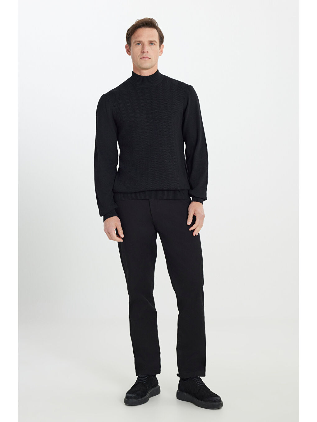 Erkek Siyah Standart Fit Normal Kesim Yarım Balıkçı Yaka Jakarlı Yün Triko Kazak-1