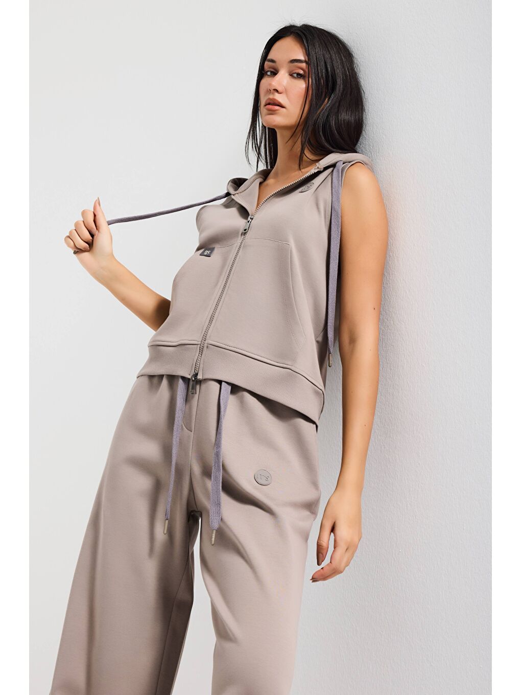 Kadın Antrasit s6-45 Alt Üst Kapüşonlu Yelek Yürüyüş Pantolonu 2'li Tasarım Takım-5