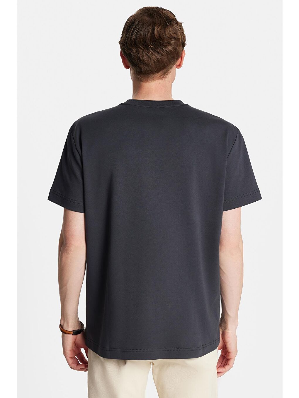 Relax Fit Rahat Kesim Pamuklu Ön Baskı Ve Nakış Detaylı Bisiklet Yaka Antrasit Erkek Tişört-4