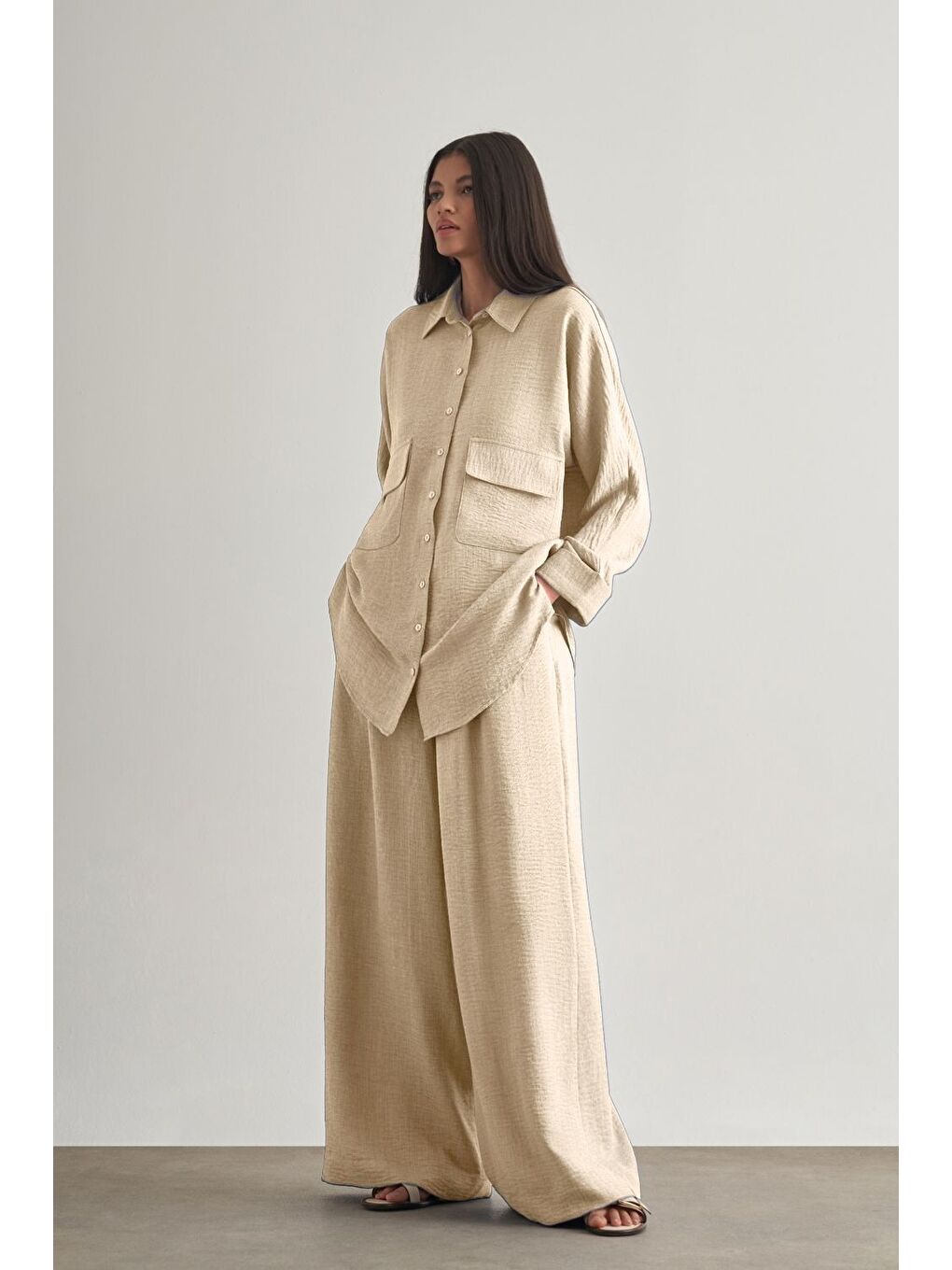 Keten Dokulu Torba Cepli Bej Rengi Tunik-1