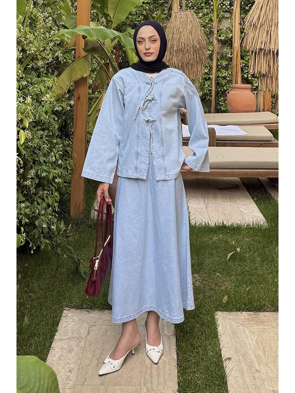 Bağcık Detaylı Denim Takım Buz Mavisi