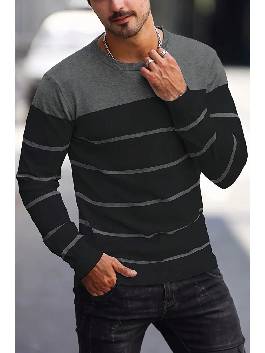 Gri Santi Slim Fit Çizgili Bisiklet Yaka Erkek Triko Kazak-1