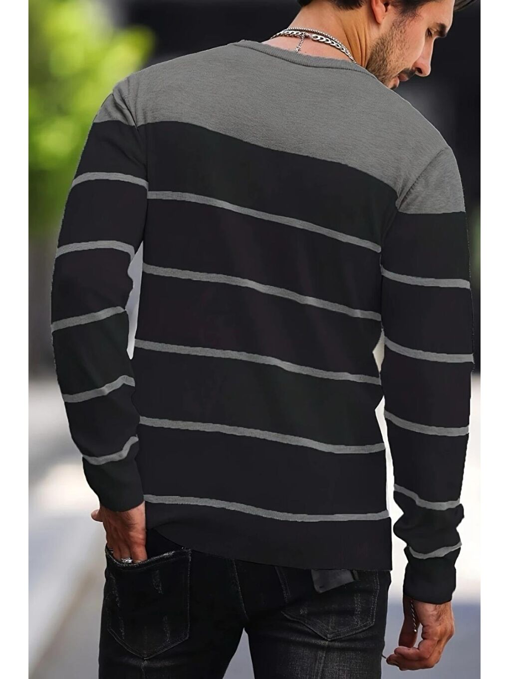 Gri Santi Slim Fit Çizgili Bisiklet Yaka Erkek Triko Kazak-2