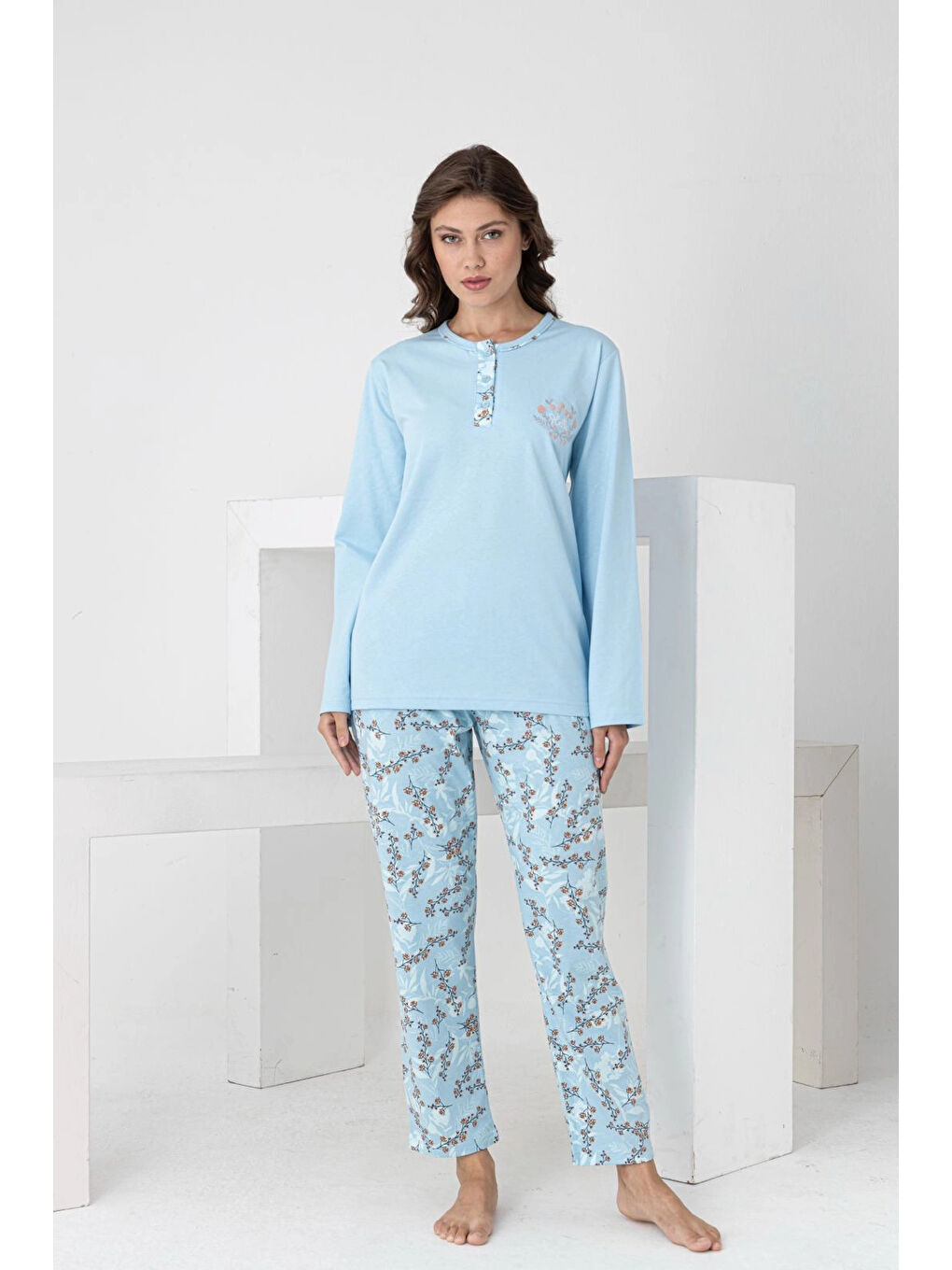 Mavi Desenli Kadın Pijama Takımı 3102-1