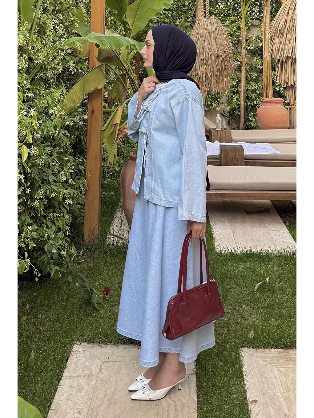 Bağcık Detaylı Denim Takım Buz Mavisi-1