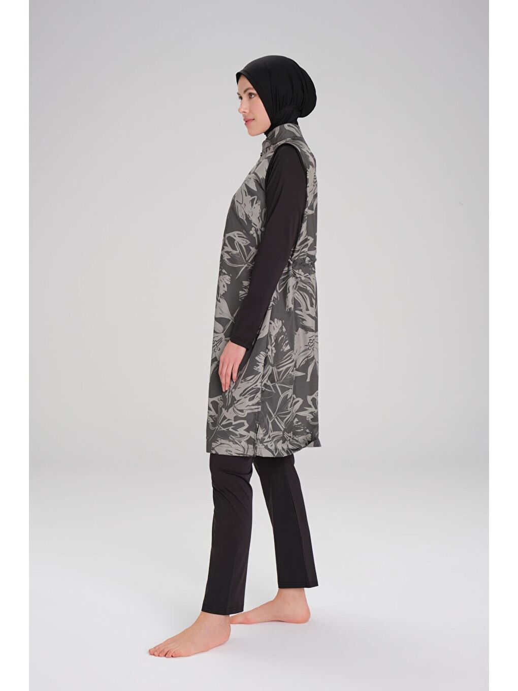 Nehar Desenli Siyah Haki Jileli 3 Parça Tam Tesettür Mayo Takımı 2264-3