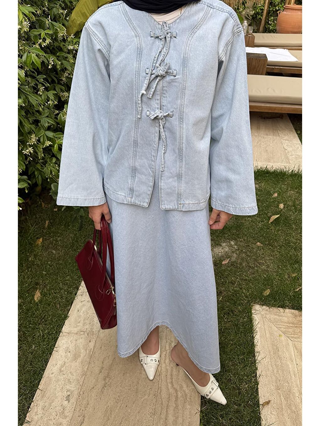 Bağcık Detaylı Denim Takım Buz Mavisi-2