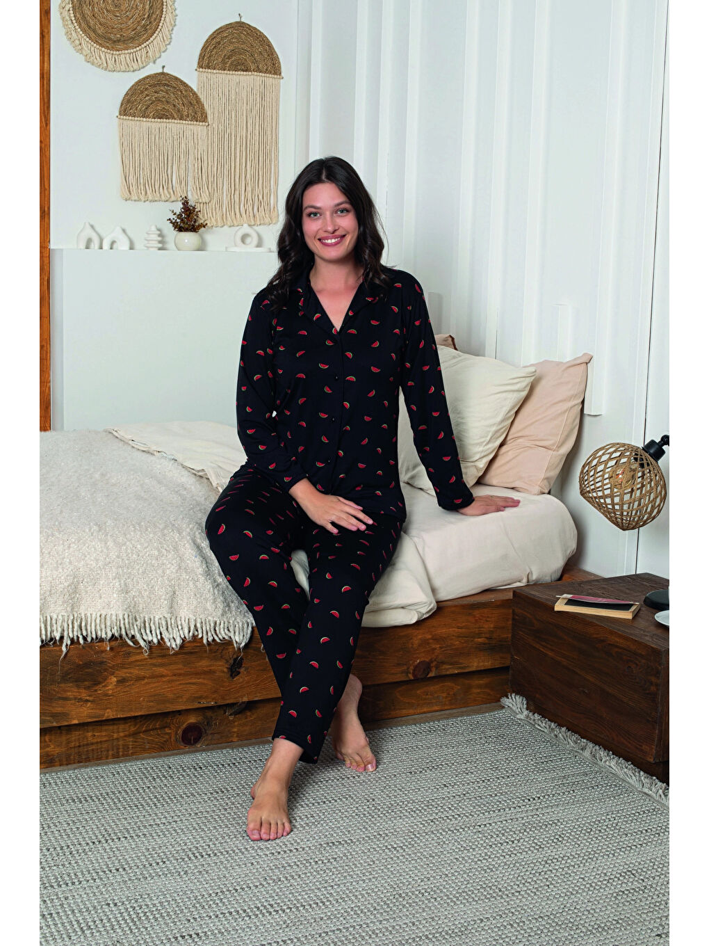 Siyah Desenli Kadın Pijama Takımı 3307-2