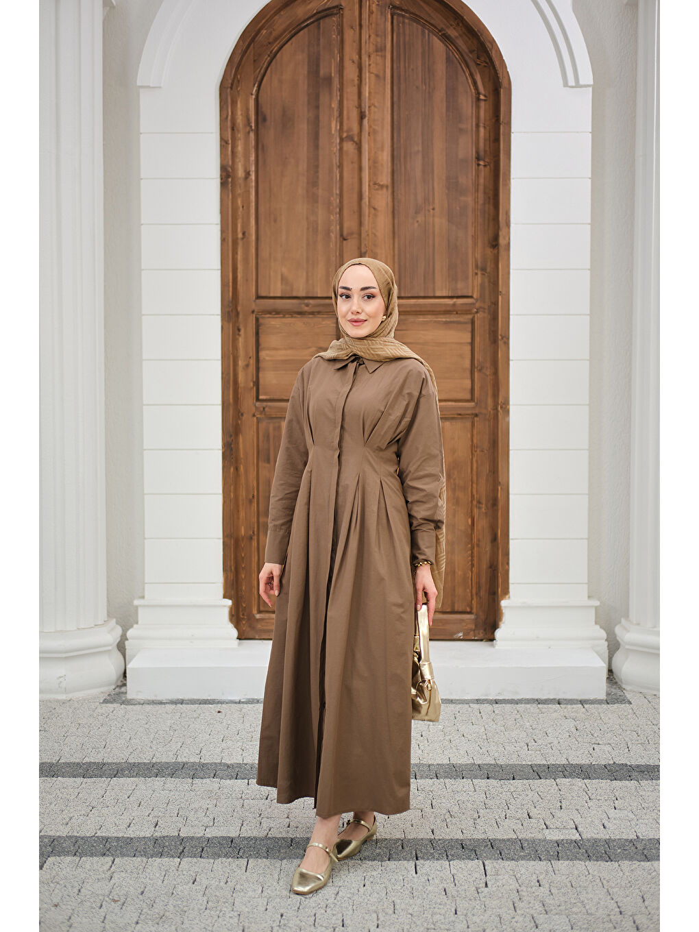 Kadın Beli Pileli Gömlek Yaka Gizli Düğmeli Elbise Kahverengi-3