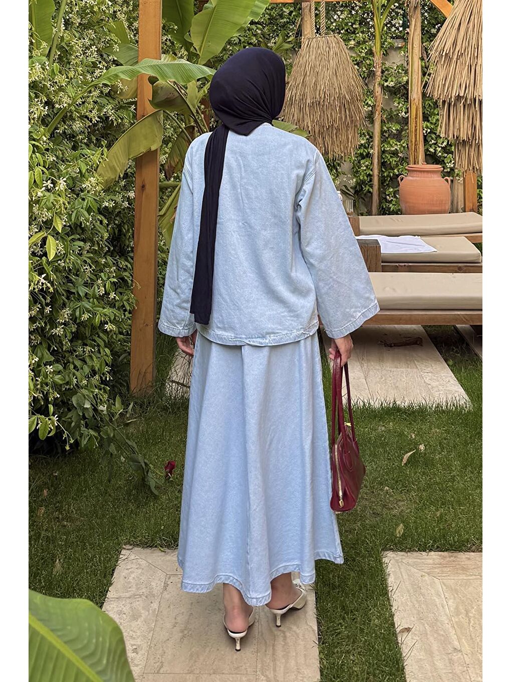 Bağcık Detaylı Denim Takım Buz Mavisi-3