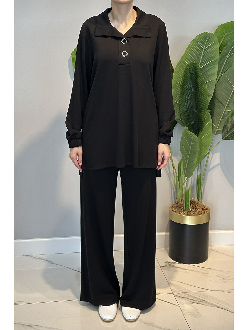 Yaka Detay Örme Modal Takım 19464 Siyah-1