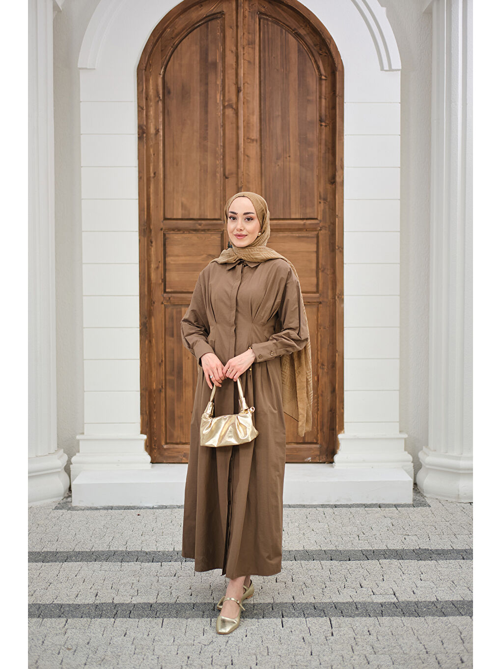 Kadın Beli Pileli Gömlek Yaka Gizli Düğmeli Elbise Kahverengi-4