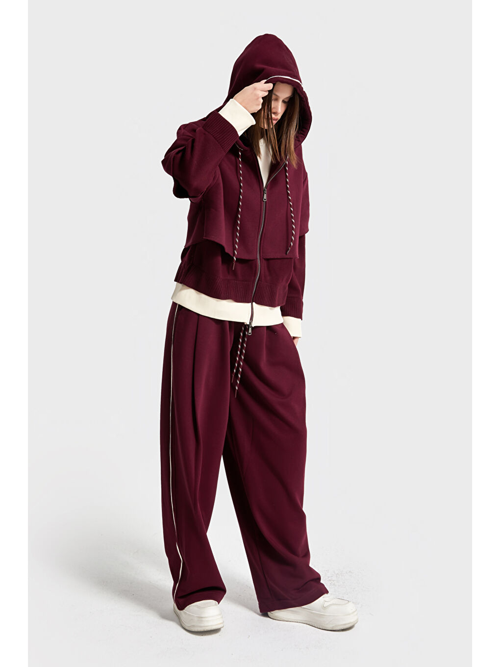 Kadın Bordo Renk w5-35 Örme Kumaş Polar ve Eşofman Alt Üst 2'li Tasarım Takım-1