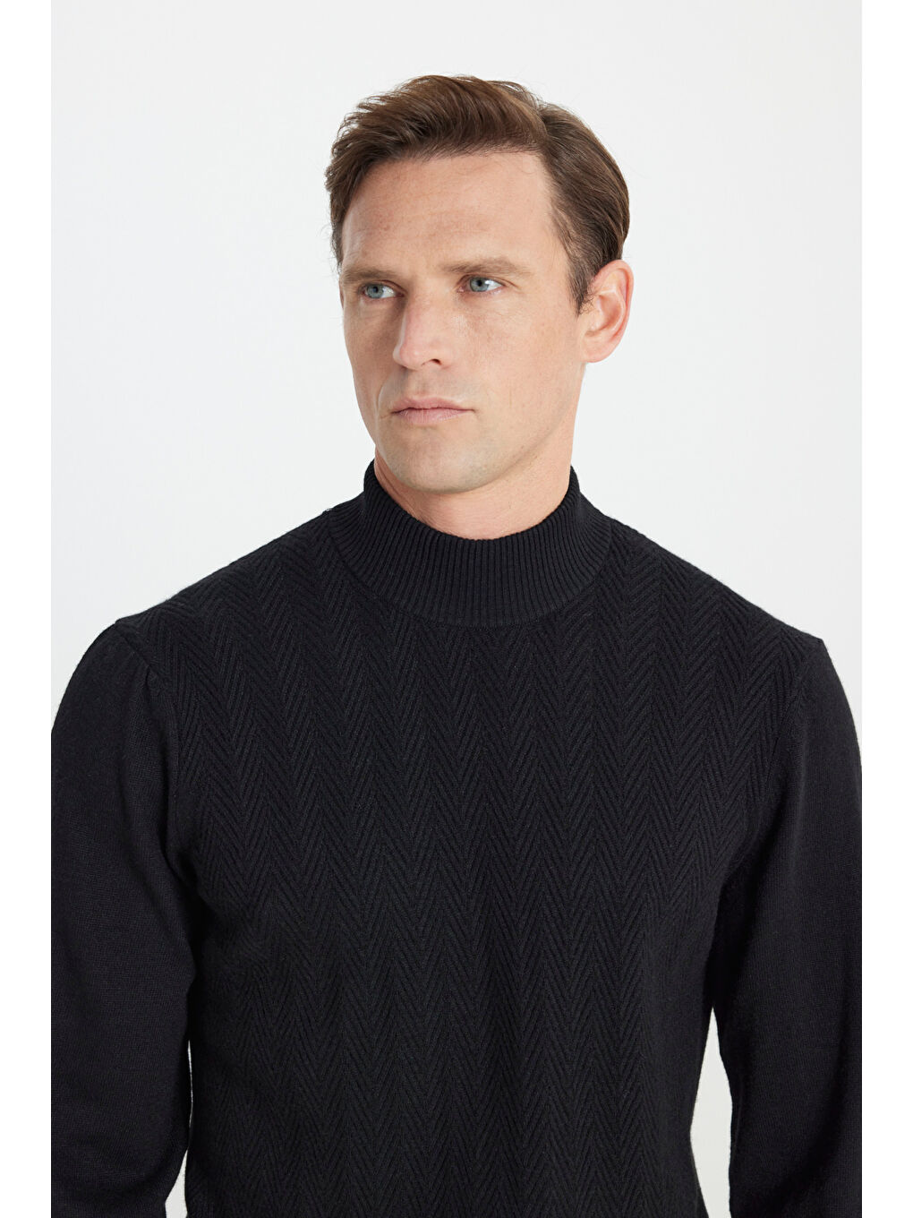 Erkek Siyah Standart Fit Normal Kesim Yarım Balıkçı Yaka Jakarlı Yün Triko Kazak-3