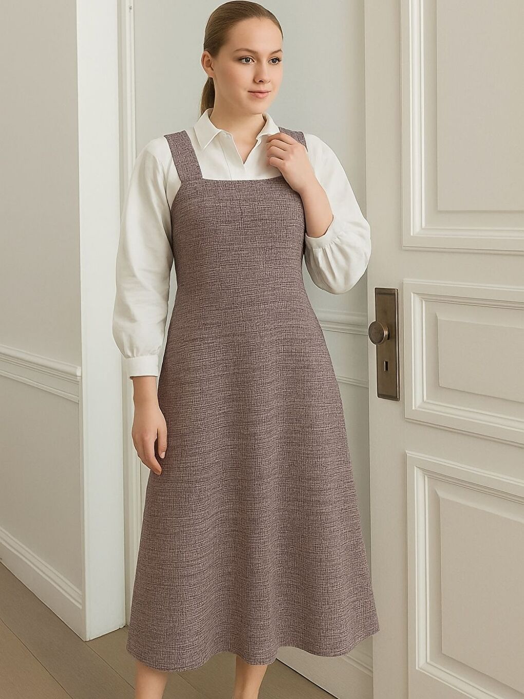 Gri Ekose Desen Tüvit Kumaş Kalın Askılı Maxi Boy Elbise